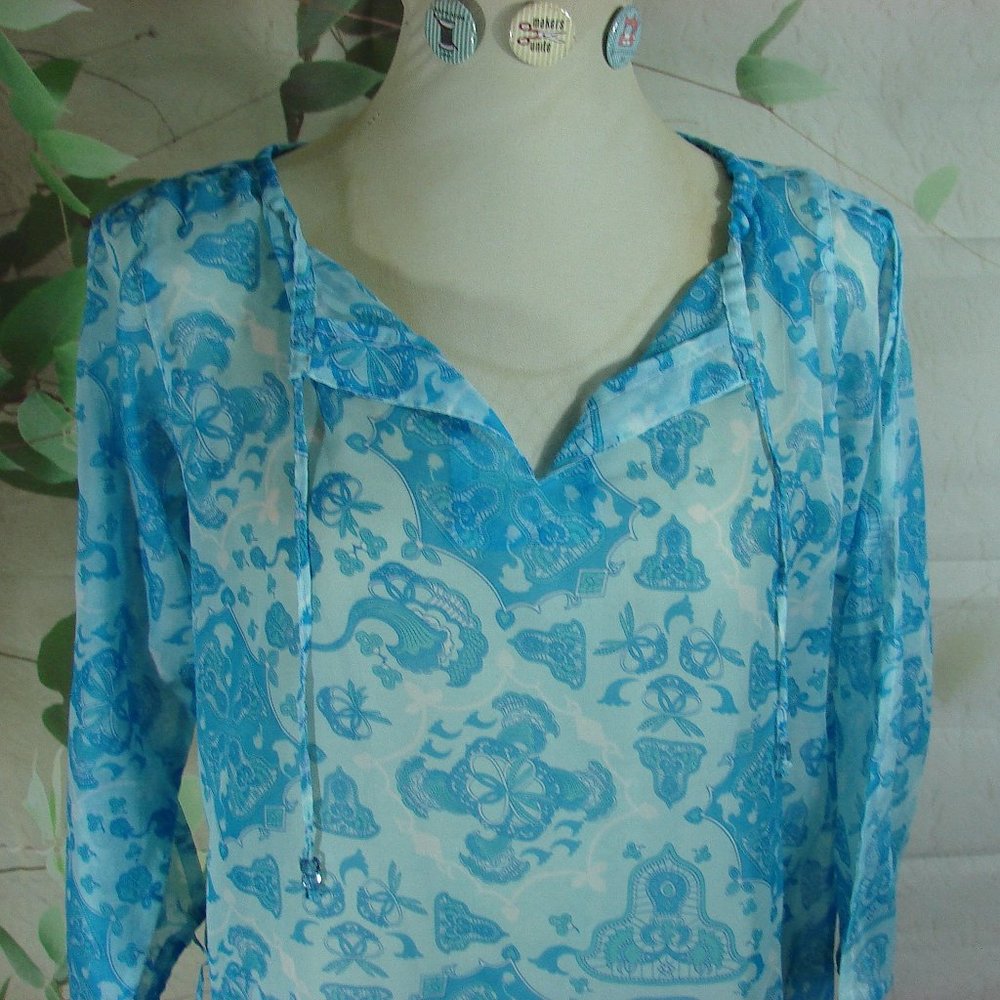 Sheer Blue Tones Open Long Sleeve Boho Mehndi Style Floral Side Slit Cover Up